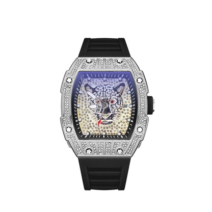 Tonneau Hollow Diamond Leopard Dial Quartz Watch Men Luxury Luminous Fashion Waterproof Rubber Sport Watches Men Steel Men Clock