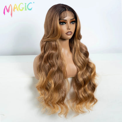 Magic Synthetic Lace Front Wigs For Women 30" Long Body Wave Lace Wig Ombre Blonde Highlight Cosplay Wigs Heat Resistant