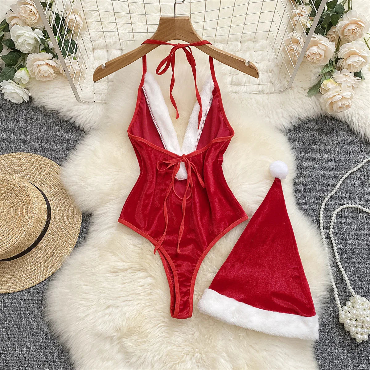 SINGREINY Christmas Cosplay Nightwear Playsuit Deep V Open Crotch Sheath Bodysuits Women Sexy Temptation Velvet Backless Rompers