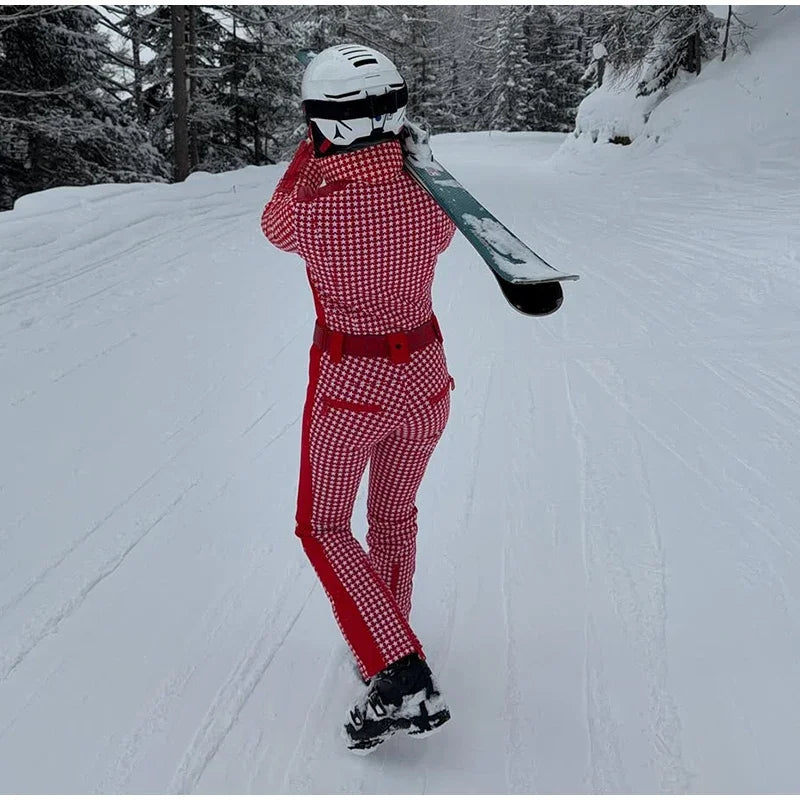 Thicken Print Cotton Jumpsuits Women High Neck Long Sleeves Zipper Belts Warm Ski Wears Female 2026 Winter New Chic Ski Jumpsuit