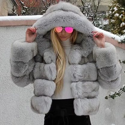 Fashion Winter Women Imitation Fox Fur Jacket Hooded Loose Long Sleeves Female Eco Fur Coat Patchwork Plush Thick Lady Fur Coat