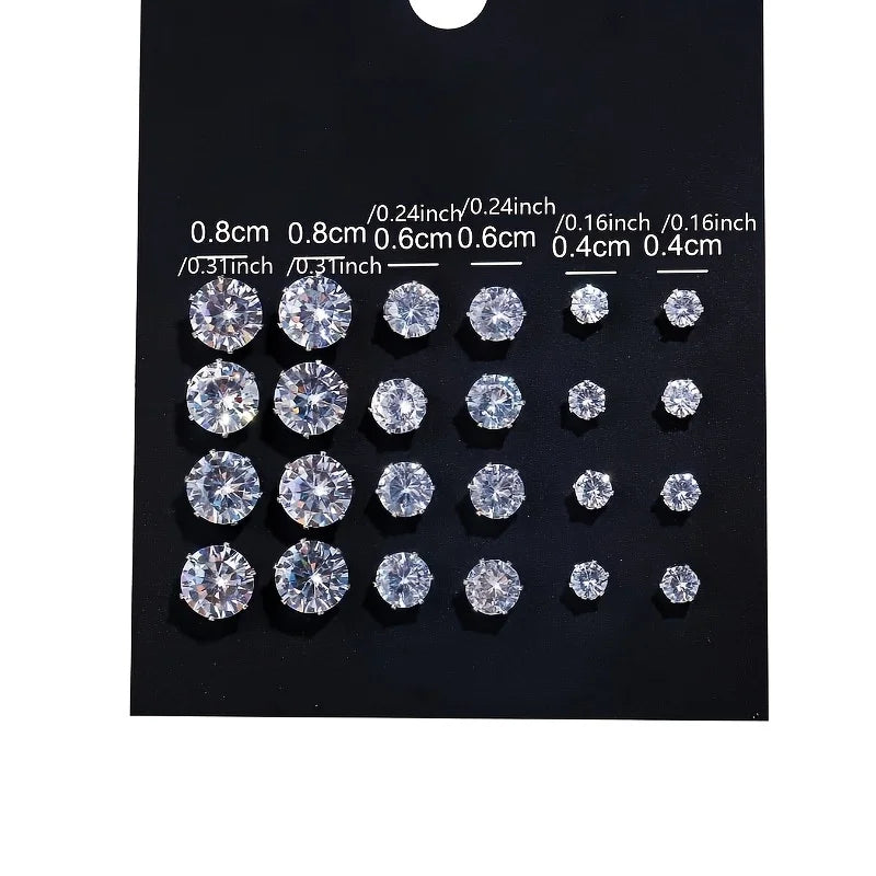 12 Pairs Of Stud Earrings Set Inlaid Round Zircon Elegant Ear Piercing Jewelry Decoration Party Favors for Men Women Daily Wear