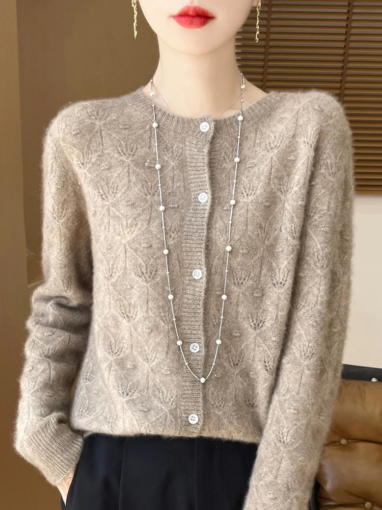 New Autumn Winter Soft Warm Cardigan Woman Cashmere Sweater O-neck Women 100% Merino Wool Sweater Loose Fit Hollow out Top Coat