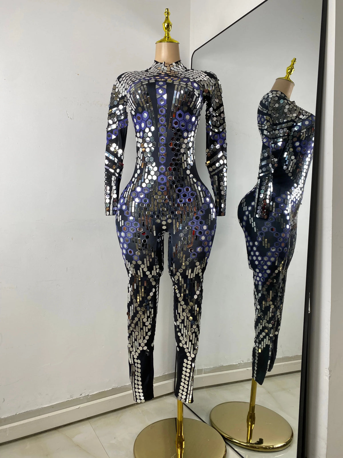 Women Sexy Spandex Tight Jumpsuit Long Sleeve Mirrors Cosplay Costume Nightclub Dancer Outfit Performance Stage Wear