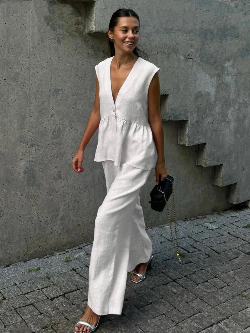 2 Pieces Women Sets 2026 Cotton V-Neck Sleeveless Top Vest + Long Pants New Solid Color Two-Piece Sets Women's Clothing