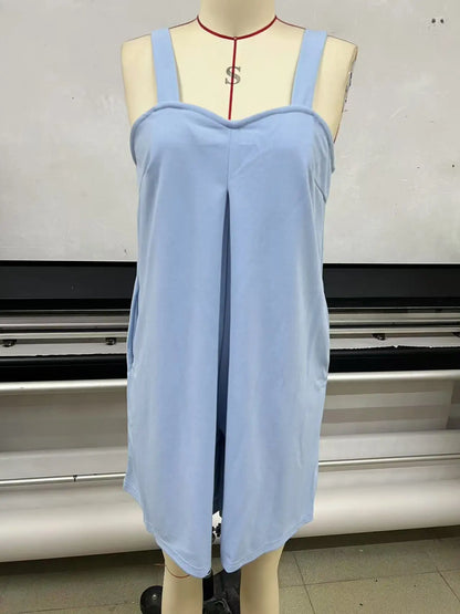 Women Sleeveless Strap Short Romper Heart Neck Pleated Wide Leg Jumpsuit With Pockets Loose Summer Casual Beach Vacation Outfit