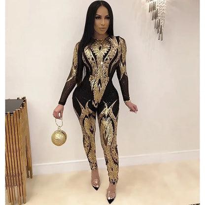 Sexy Gold Sequin Jumpsuit Women Bodycon Overalls Glitter Bandage Rompers Elegant Party Club lady Fashion Jumpsuits