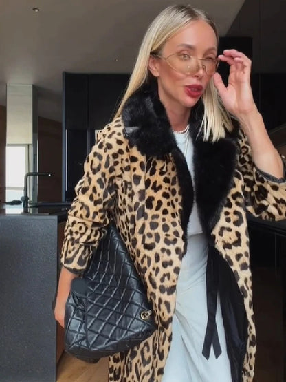 Vintage Leopard Print Coat Women Faux Fur Trim Collar Long Sleeve Loose Mid-length Warm Jacket Club Street Ladies Outerwear