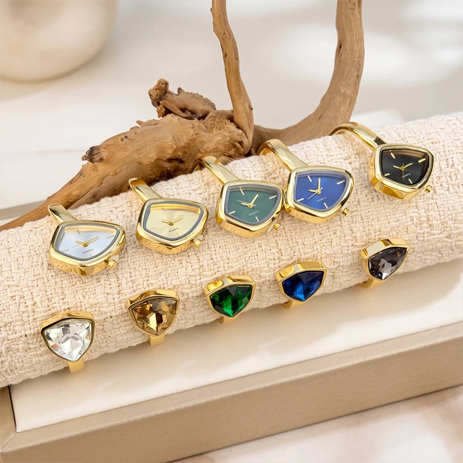 Stylish Irregular Dial Big Diamond Open Cuff Gold Watch for Woman