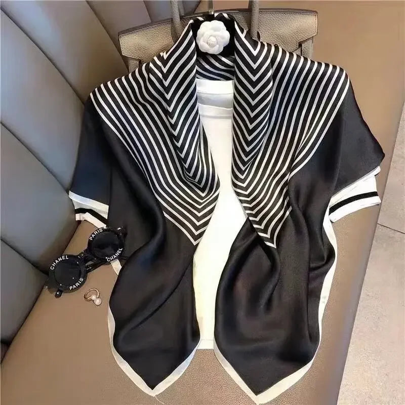 Fashion 90×90CM Geometric Stripe Printed Square Silk Scarf Bandana Women's Neckerchief Hijab Daily Wear Fall Decoration Shawl