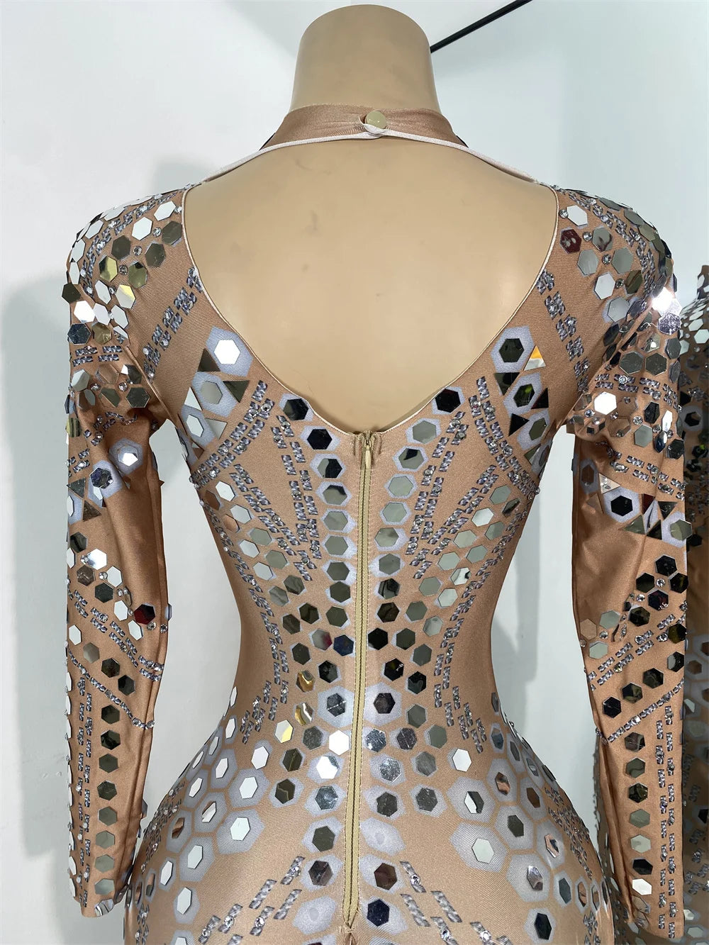 Women Sexy Spandex Tight Jumpsuit Long Sleeve Mirrors Cosplay Costume Nightclub Dancer Outfit Performance Stage Wear
