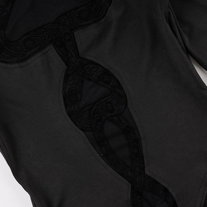 SUCHCUTE Snake-Net Patchwork Long-Sleeve Mesh Jumpsuit Vintage Sexy One-piece Suit Women Y2k Aesthetic Bodysuits Chic