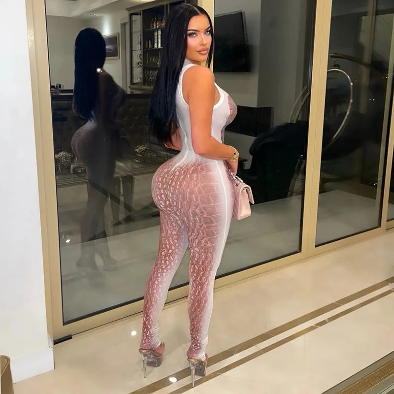 FAGADOER Fashion Scale Printing Patchwork Bodycon Jumpsuits Woman See Through Sleeveless Rompers Female Streetwear Overalls New