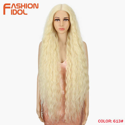FASHION IDOL 42inch/105cm Super Long Lace Front Wigs Water Wavy Curly Hair Synthetic Wigs For Women Ombre Blonde Wigs Cosplay