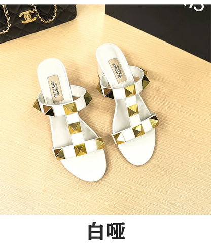 Women's Heels Sandals Gladiator Summer Luxury Brand Designer Rivets Open Toe Slipper Slingbacks Comfortable Ladies Shoes Women