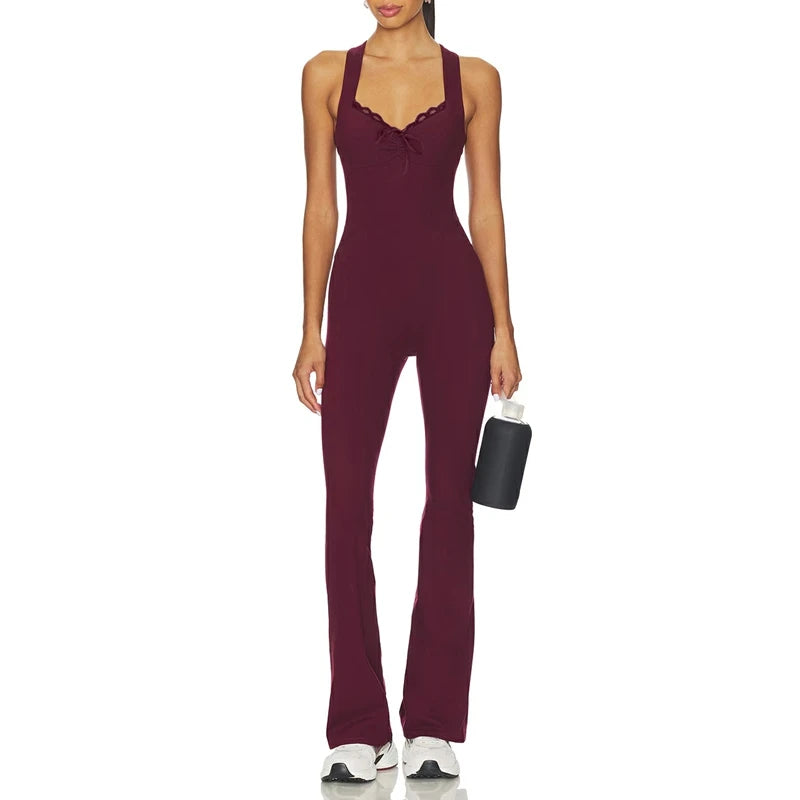 Women's Cleanfit Sleeveless Slim Fit Jumpsuit Lace Trim Patchwork Ruched V-Neck Back Cross Flare Long Pants Rompers