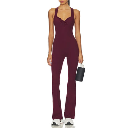 Women's Cleanfit Sleeveless Slim Fit Jumpsuit Lace Trim Patchwork Ruched V-Neck Back Cross Flare Long Pants Rompers