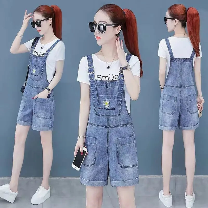 Denim Rompers Women Summer Baggy Solid Suspender Jeans Student Jeans Jumpsuit Korean Style Casual Denim Shorts Strap Dresses