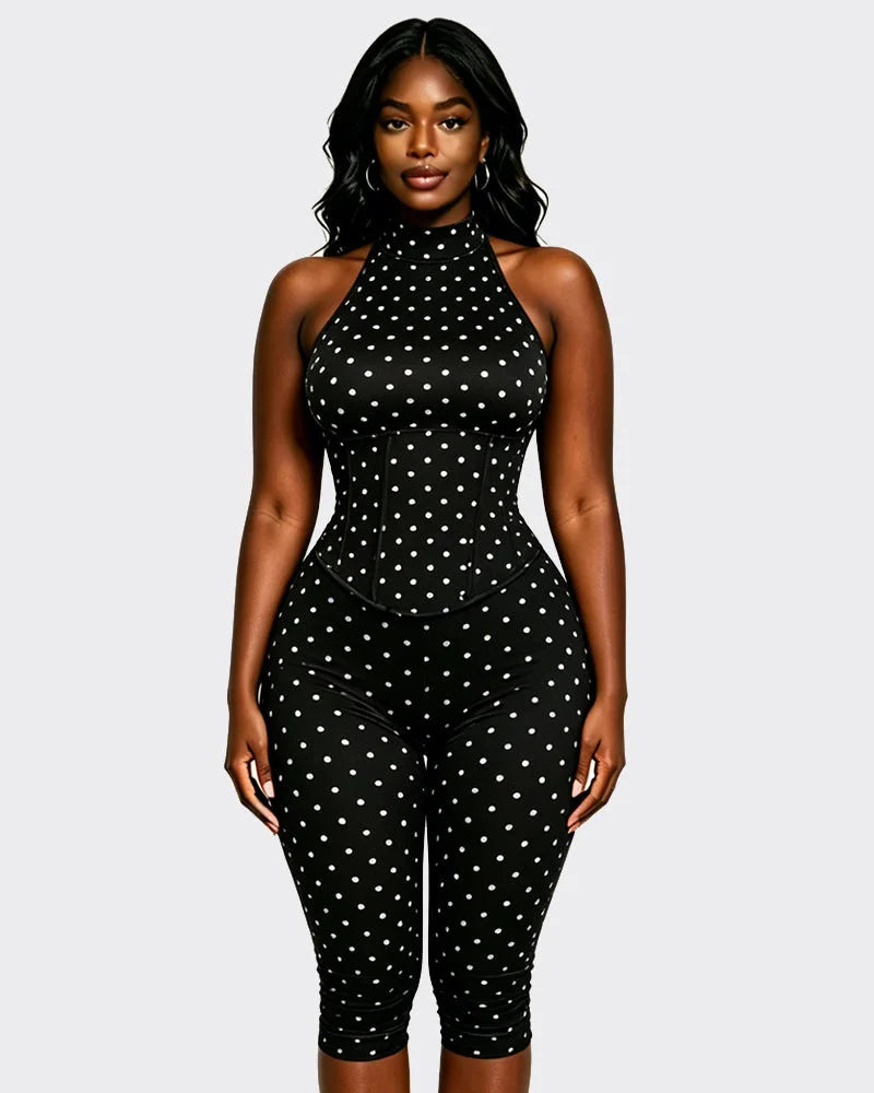 FAGADOER Cute Polka Dot Bodycon Rompers Hot Girl Streetwear Lace Up Bandage Corset Halter Jumpsuits Summer Night Club Playsuits