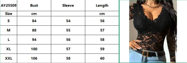 Women Lace V Neck Long Sleeve Sheer Mesh Floral Lace Top Slim Fit See Through Bodycon Jumpsuit for Party Clubwear Daily Wear