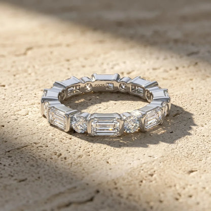 3mm Round Emerald Cut Moissanite Full Eternity Ring for Women S925 Silver Bezel Lab Diamond Promise Wedding Band Fine Jewelry