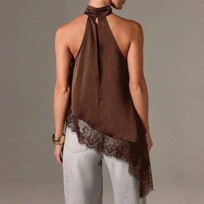 Women Y2k Mock Neck Halter Top Satin Lace Asymmetrical Hem Tank Tops Sleeveless Elegant Going Out Crop Tops