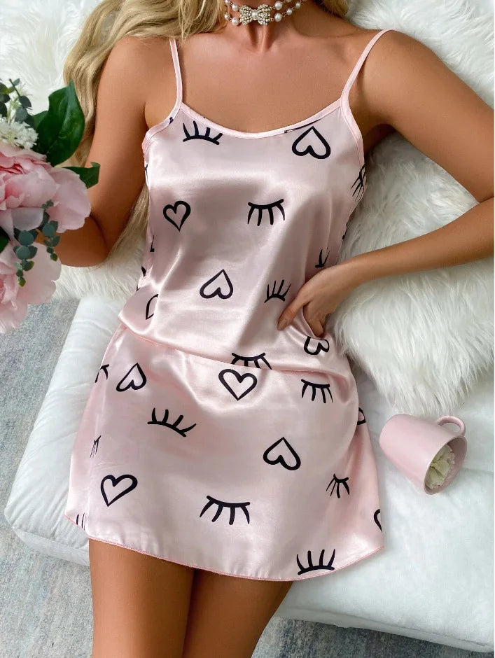 Ladies Sexy Sling Nightgown Nightdress Women's Sexy Lingerie Silk Satin Sleepwear Floral Pinting Nightwear Homewear Mini Dress