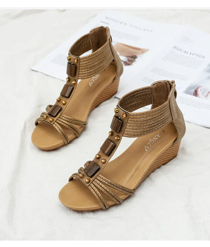 High quality leather flat sandals for women 5cm mid heel with beading summer 2026 36 42 open toe casual vintage shoe black beige