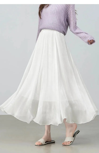 SENTUBILA Women's Summer Skirt 2026 Elegant Elastic Waist Sheen Flowy A Line Long Skirt for Woman Ladies Clothes 162QG4909