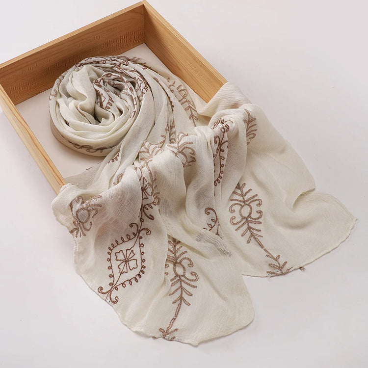 Vintage Crinkle Embroidery Hijab Textured Fabric Muslim Shawl Headscarf Soft Breathable Islamic Women Head Wrap Scarf