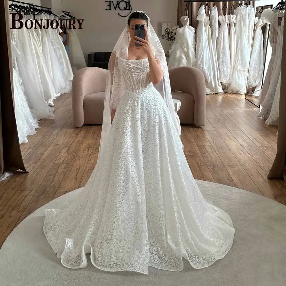 BONJOURY Fancy Wedding Dress for Women A-line Appliques Beads Square Collar Spaghetti Straps Vestido De Casamento Customized