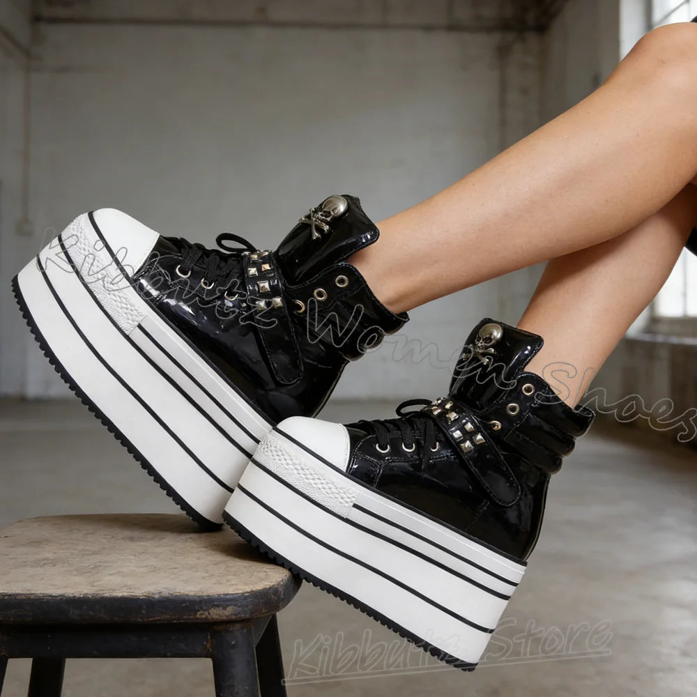 Leather Sports Ankle Boots Platform Rivet Lace-Up Women Shoes Mixed Color Thick Bottom Round Toe Luxury Novelty Concise Sexy New