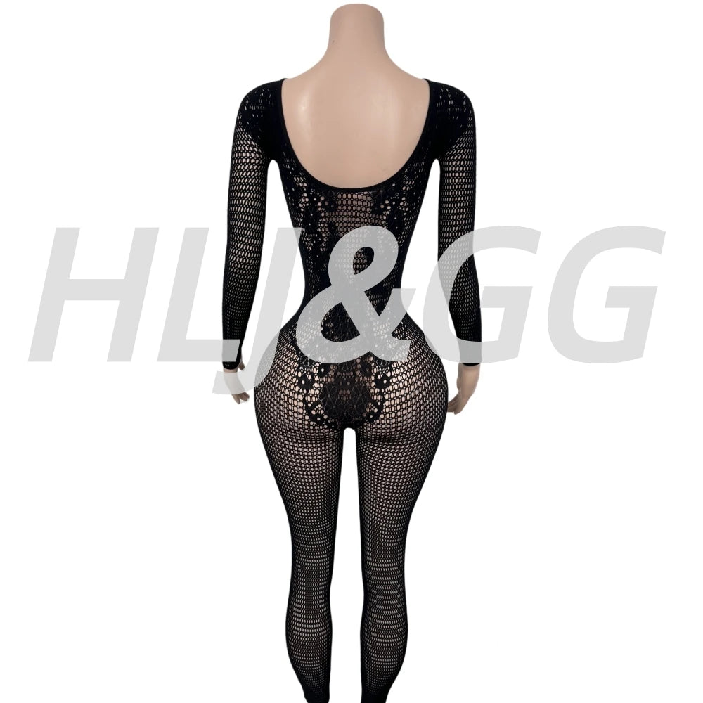 HLJ&GG Black Sexy High Quality Stretchy Knit See Though Bodycon One Piece Jumpsuits Women Long Sleeve Slim Playsuits Streetwear