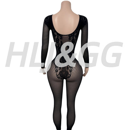 HLJ&GG Black Sexy High Quality Stretchy Knit See Though Bodycon One Piece Jumpsuits Women Long Sleeve Slim Playsuits Streetwear