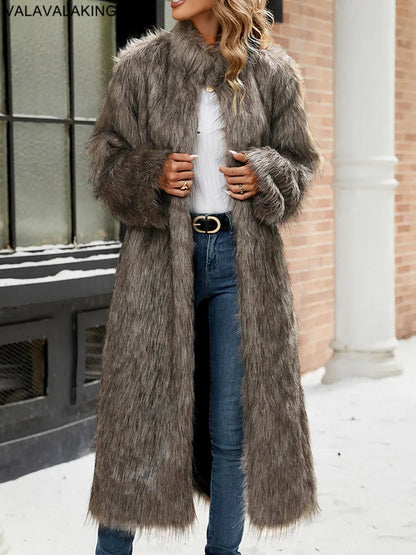 2026 Winter Stand Collar Faux Fur Long Coat Women Elegant Long Sleeve Fluffy Plush Jacket Lady Casual Thick Warm Furry Outwear