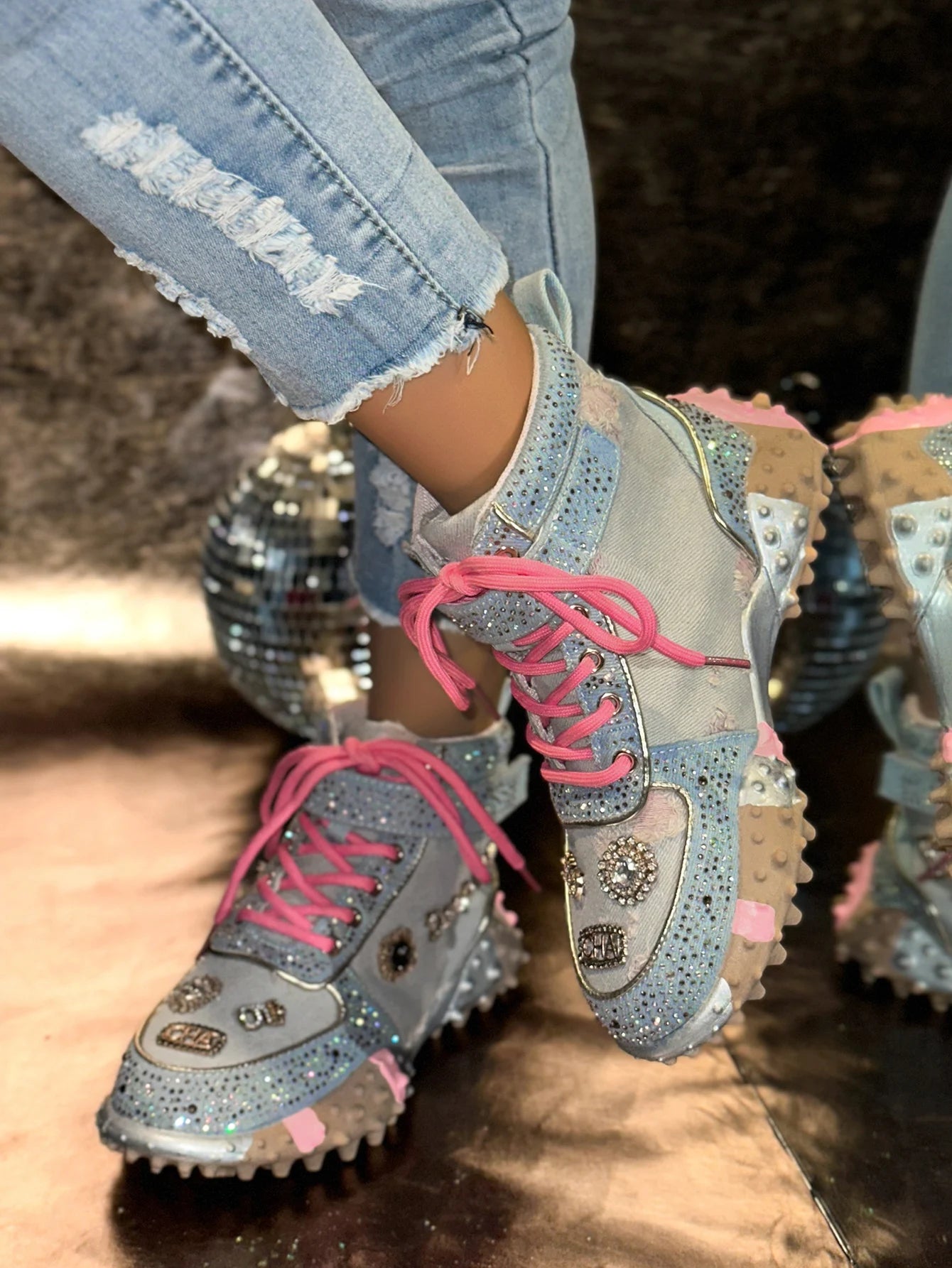 Women Rhinestone Casual Luxury Sneakers Diamond High-Top Designer Boots Thick Bottom Shoes Female Tennis Outdoors Walking Shoes