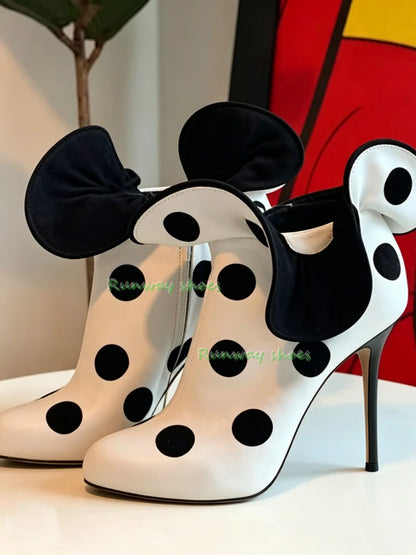 Black And White Polka Dots Ankle Boots Equipped With Large Bow With Ruffles Boot Pointed Tip Stiletto Heels Party Women's Boots