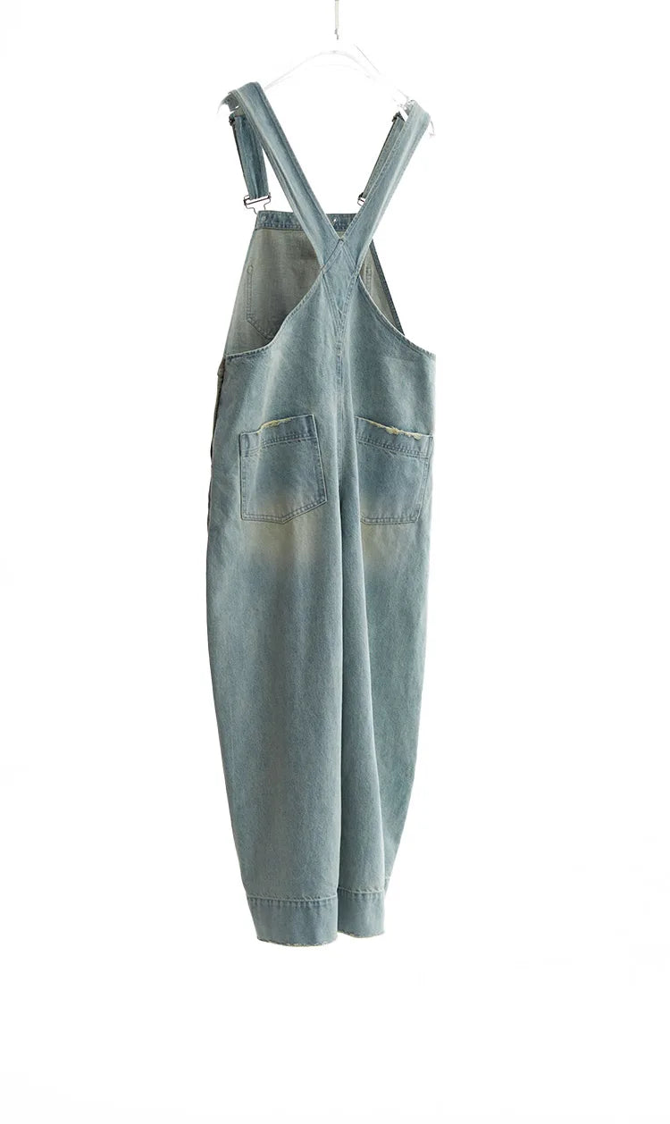 Age-Reducing, Laid-Back Style~ Women's Washed Light Blue Denim Overalls, Versatile Slim-Fit Straight-Leg Jumpsuit