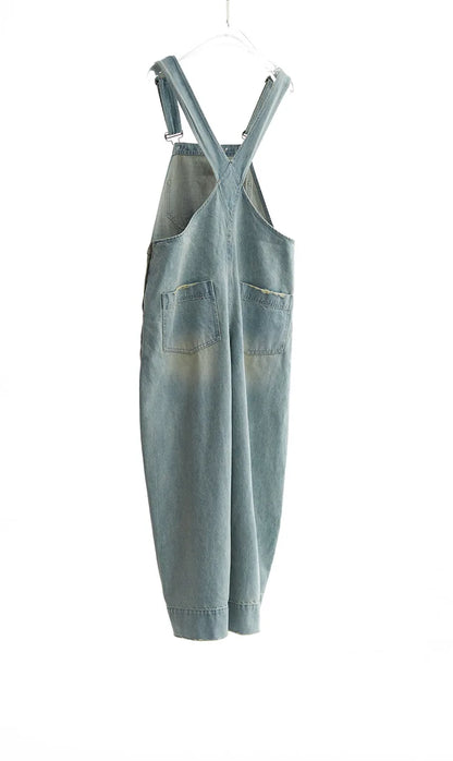 Age-Reducing, Laid-Back Style~ Women's Washed Light Blue Denim Overalls, Versatile Slim-Fit Straight-Leg Jumpsuit