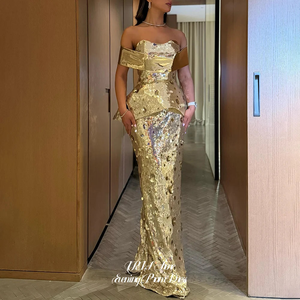 IRIS 2026 New Arrival Luxury Gold Sequin Mermaid Maxi Evening Dress Off Shoulder Strapless Formal Prom Gown for Women Gala