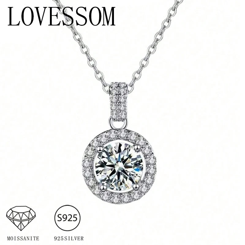 A Stylish and Trendy 925 Silver 1-Carat/2-Carat Moissanite Round Pendant Necklace with a Sophisticated Design.