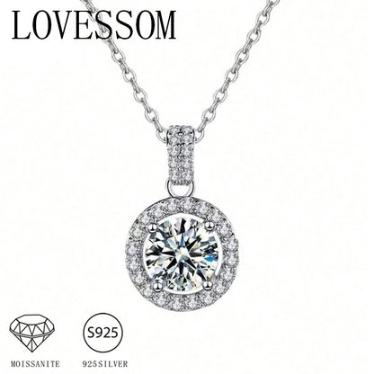A Stylish and Trendy 925 Silver 1-Carat/2-Carat Moissanite Round Pendant Necklace with a Sophisticated Design.