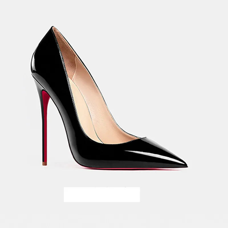 2025 European and American slim and sexy high heels, pointed shallow mouth black patent leather temperament work shoes
