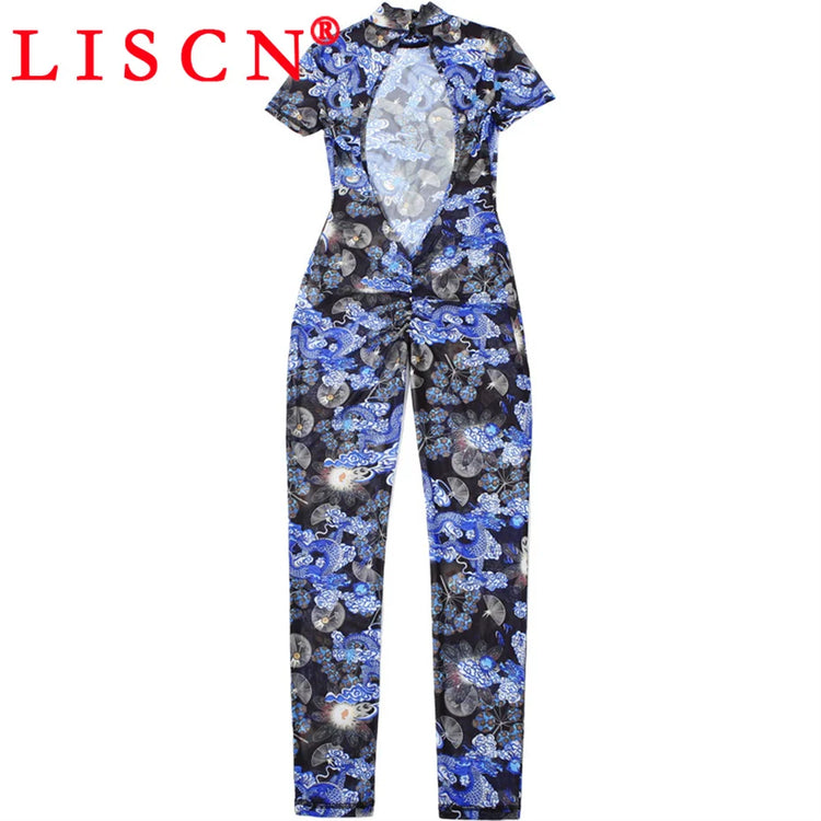 10 Wholesale Items Jumpsuits Women Summer 2025 Short Sleeve Bodycon Sexy Y2k Printing Mesh See Through Backless Rompers K15151
