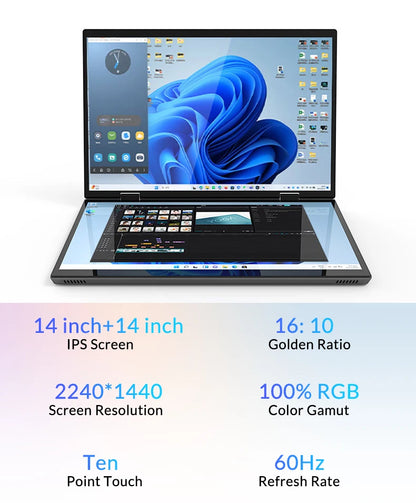 CRELANDER Mini Laptops 14 Inch 2240*1440 Double Touch Screen Intel Processor Foldable Tablet PC Windows11 Dual Screen Laptop