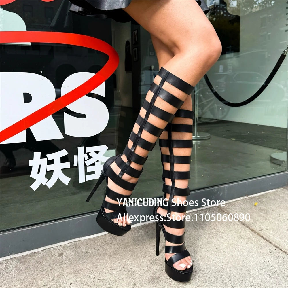 Strappy Gladiator Sandal Boots Metallic Gold Below the Knee Stiletto Boots Fashion Sexy Style Back Zipper Platform Women's Boots