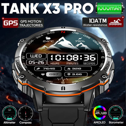2026 New Military TANK X3 1000mAh Battery Smart Watch Men 10ATM Waterproof Swim GPS Path 1.75" AMOLED HD Call Sports Smartwatch