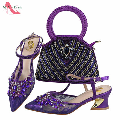 Purple Color New Arrivals Italian Design Nigerian Women Shoes and Bag Set Pointed Toe Slipper with Shinning Crystal for Party
