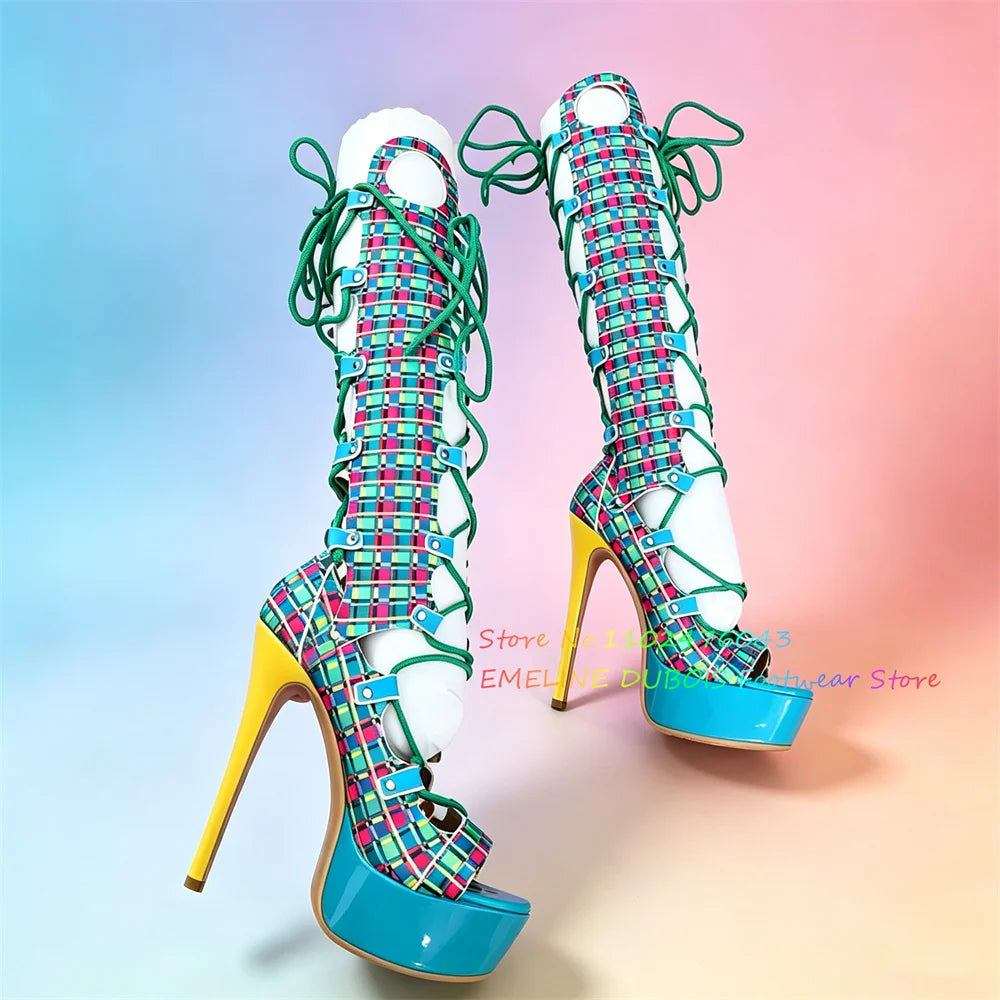 Multi Color Hollow Out High Heel Knee High Boot Women Summer New Sexy Open Toe Platform Stilettos Lace Up Runway Style Sandals