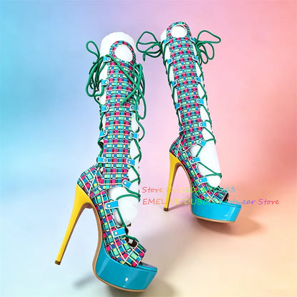 Multi Color Hollow Out High Heel Knee High Boot Women Summer New Sexy Open Toe Platform Stilettos Lace Up Runway Style Sandals